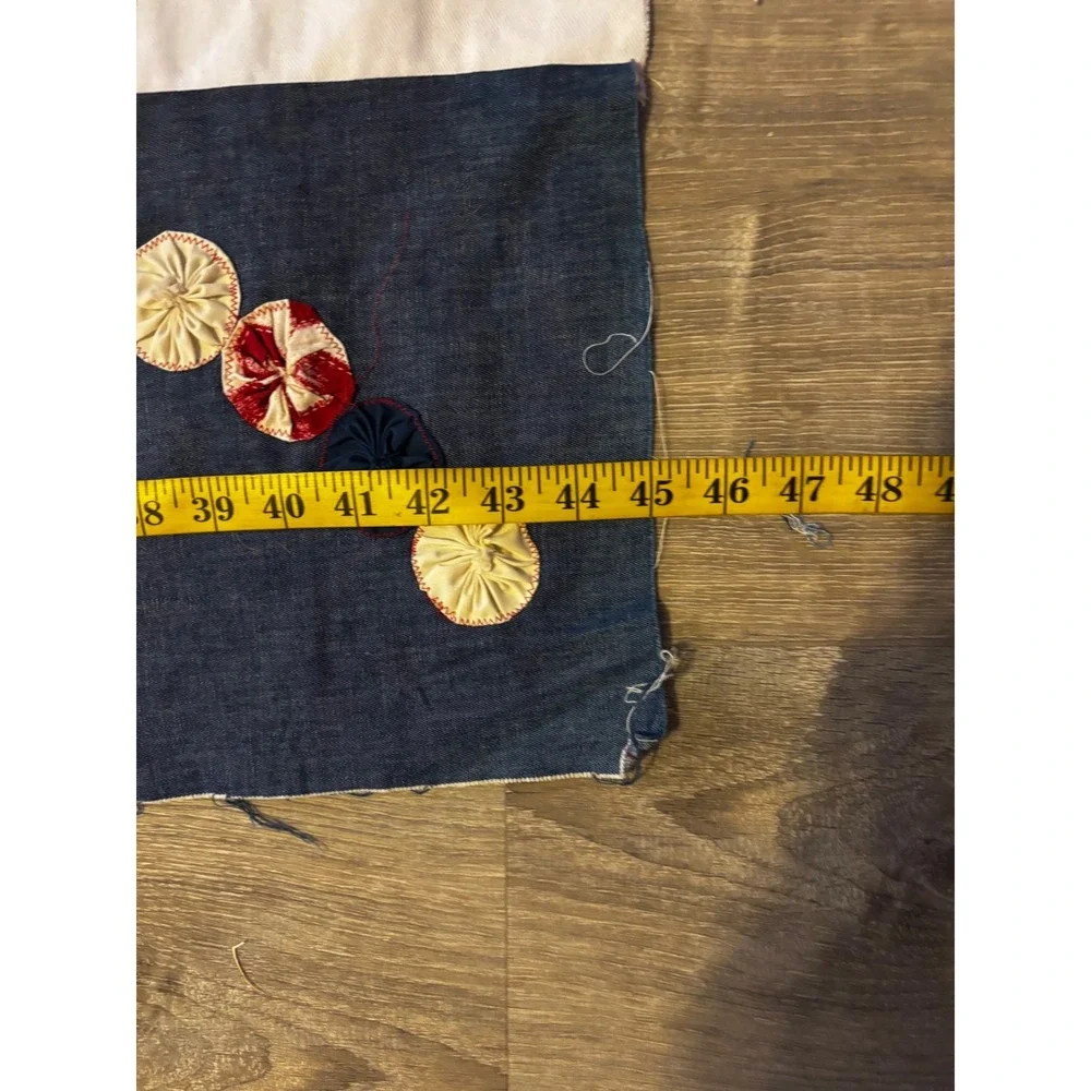 Handmade Denim Patchwork Quilt Top Unfinished  Americana Patriotic Yo-Yo 54x45